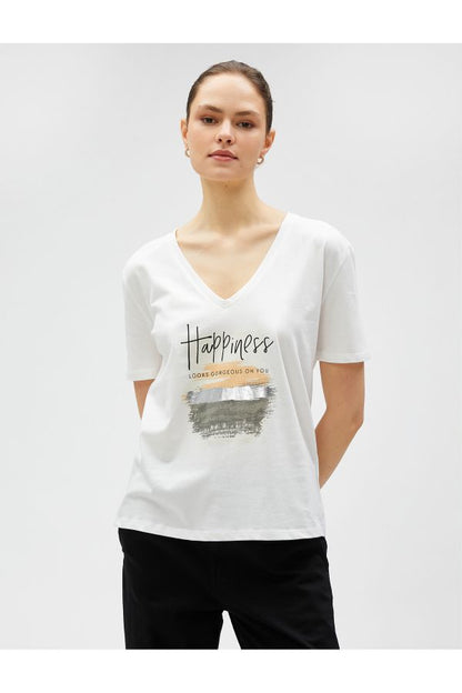 Koton V-Neck Bright Printed Cotton t-Shirt