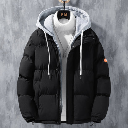 Fashion Hooded Jacket Men Winter Windproof Fake Two-piece Coat Solid Leisure Sports Cotton Jacket - Trend Zone