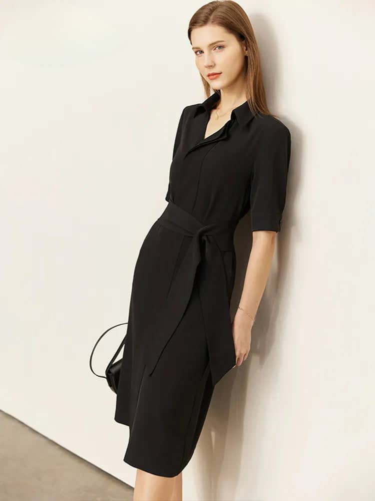 AMII Office Lady Belted Black Dress - Trend Zone