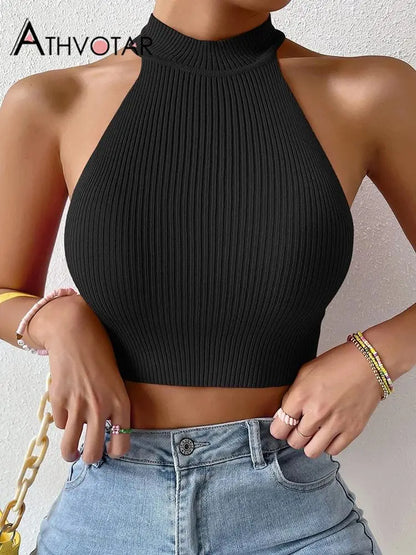 Women Sleeveless Slim Crop Top Tank Knitted Vest - Trend Zone