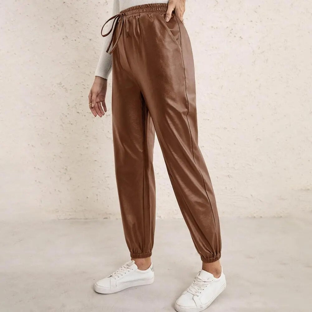 Women's Long Cargo Cuffed Faux Leather High Waist Pants - Trend Zone