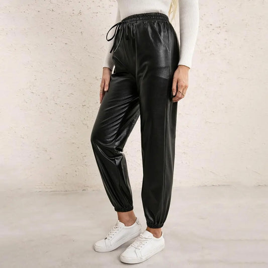 Women's Long Cargo Cuffed Faux Leather High Waist Pants