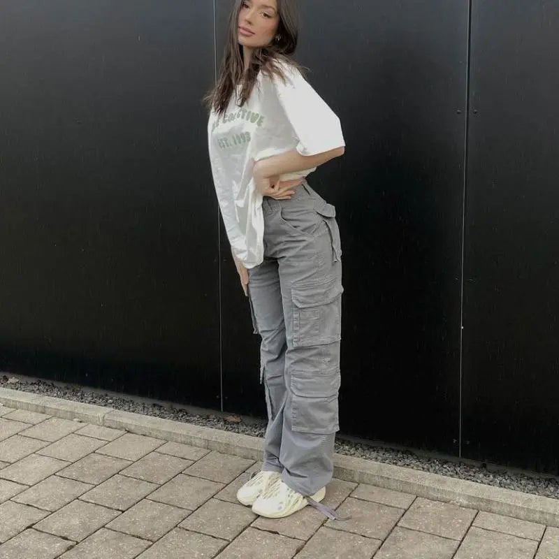Women Cargo Pants Low Waist Vintage Grey Loose Streetwear Baggy Jeans - Trend Zone