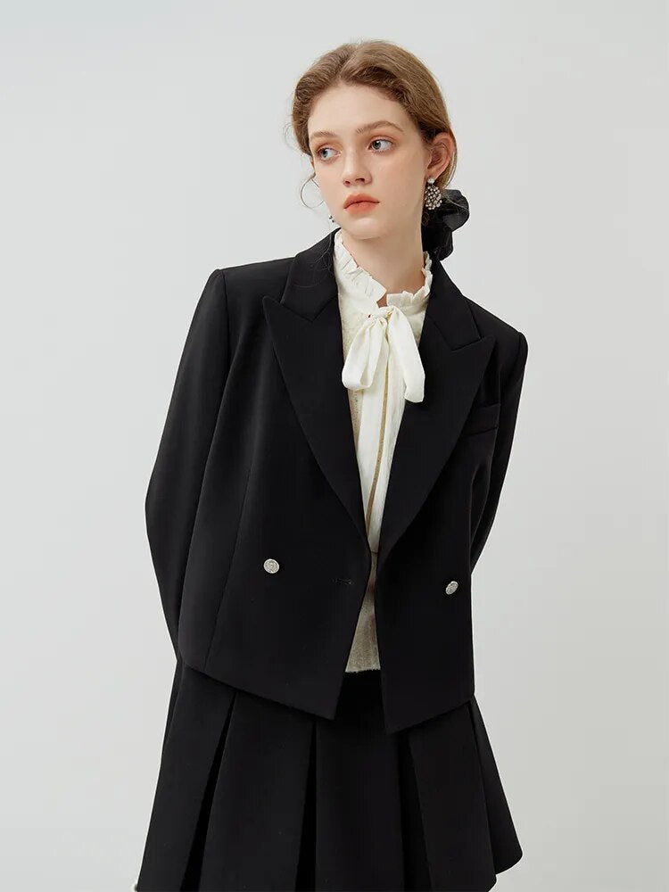 Women Cropped Double Breasted Black Blazers coat - Trend Zone