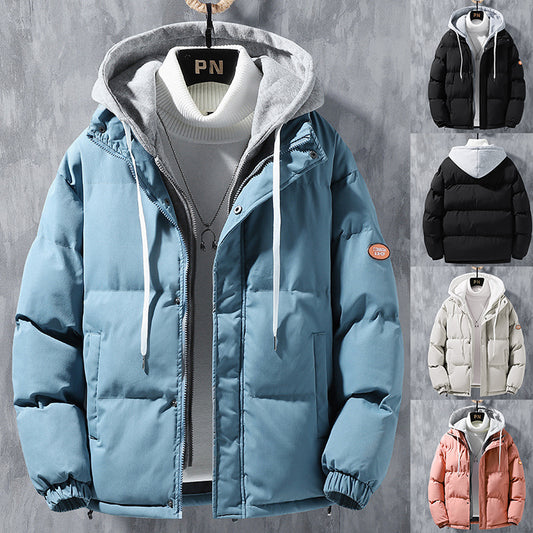 Fashion Hooded Jacket Men Winter Windproof Fake Two-piece Coat Solid Leisure Sports Cotton Jacket