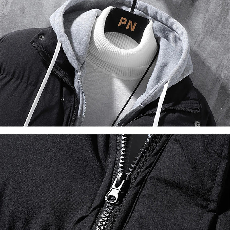 Fashion Hooded Jacket Men Winter Windproof Fake Two-piece Coat Solid Leisure Sports Cotton Jacket - Trend Zone