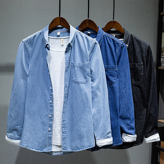 Solid Color Men Long-sleeved Denim Shirt Jacket - Trend Zone